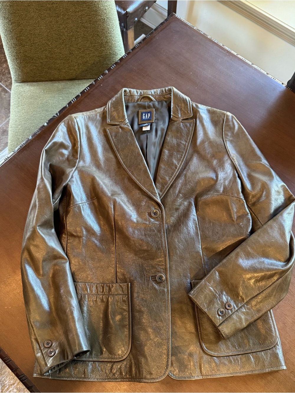 GAP Women's Dark Olive Green Leather 2-Button Blazer - Picture 10 of 11